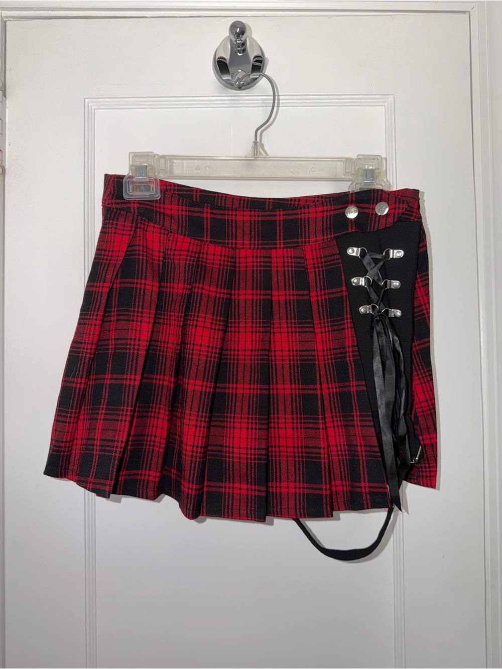 LYCHEE Red Plaid Pleated Mini Skirt with Lace-Up Sides & Adjustable Garter Strap